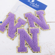 Lavender Chenille Letter Patches - Set of 3 Iron-On Letters - Small 5.5 cm Chenille with Gold Glitter - Threadart.com