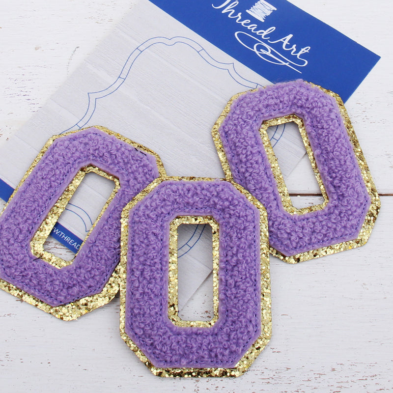 Lavender Chenille Letter Patches - Sets of 3 Letters - Large 8 cm Chenille with Gold Glitter - Threadart.com