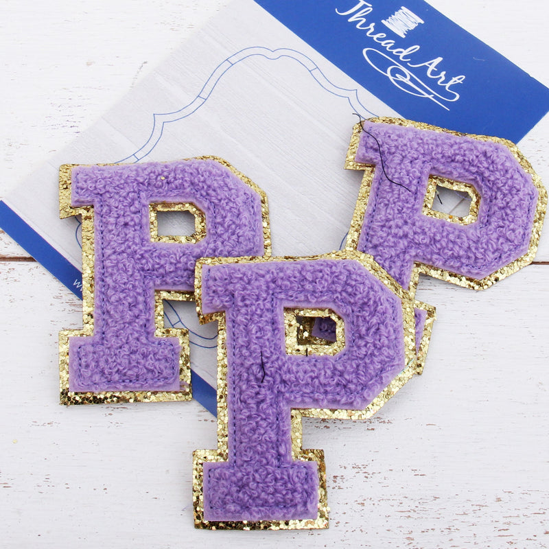Lavender Chenille Letter Patches - Set of 3 Iron-On Letters - Small 5.5 cm Chenille with Gold Glitter - Threadart.com