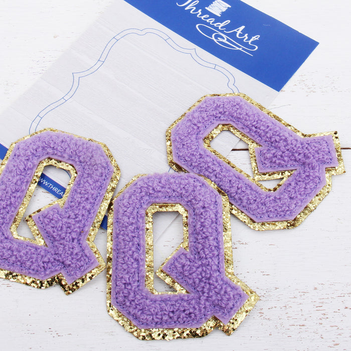 Lavender Iron On Varsity Letter Patches - Sets of 3 Letters - Large 8 cm Chenille with Gold Glitter - Threadart.com