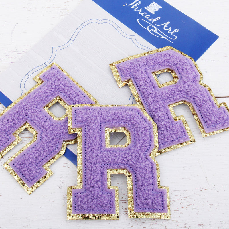 Lavender Chenille Letter Patches - Set of 3 Iron-On Letters - Small 5.5 cm Chenille with Gold Glitter - Threadart.com