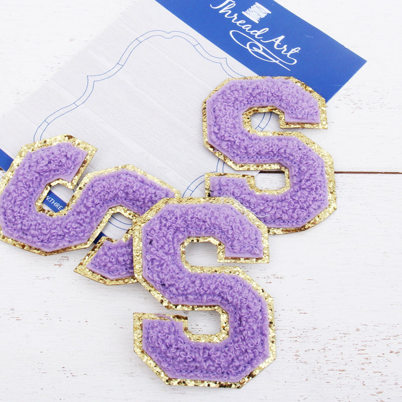 Lavender Chenille Letter Patches - Set of 3 Iron-On Letters - Small 5.5 cm Chenille with Gold Glitter - Threadart.com