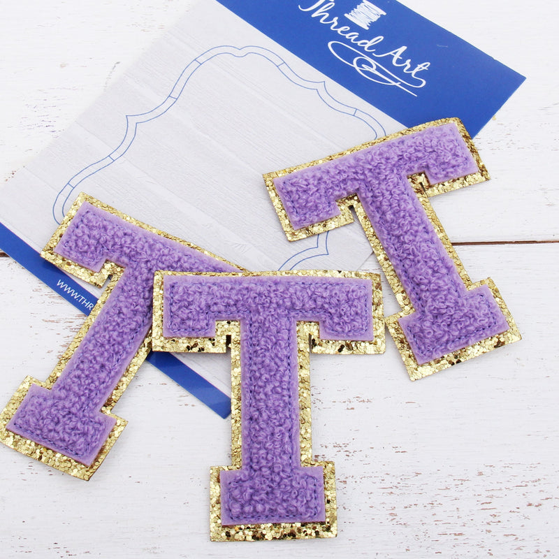 Lavender Chenille Letter Patches - Set of 3 Iron-On Letters - Small 5.5 cm Chenille with Gold Glitter - Threadart.com