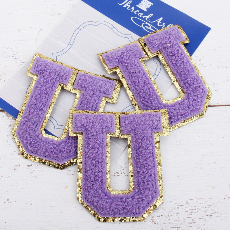 Lavender Chenille Letter Patches - Set of 3 Iron-On Letters - Small 5.5 cm Chenille with Gold Glitter - Threadart.com