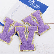 Lavender Chenille Letter Patches - Set of 3 Iron-On Letters - Small 5.5 cm Chenille with Gold Glitter - Threadart.com