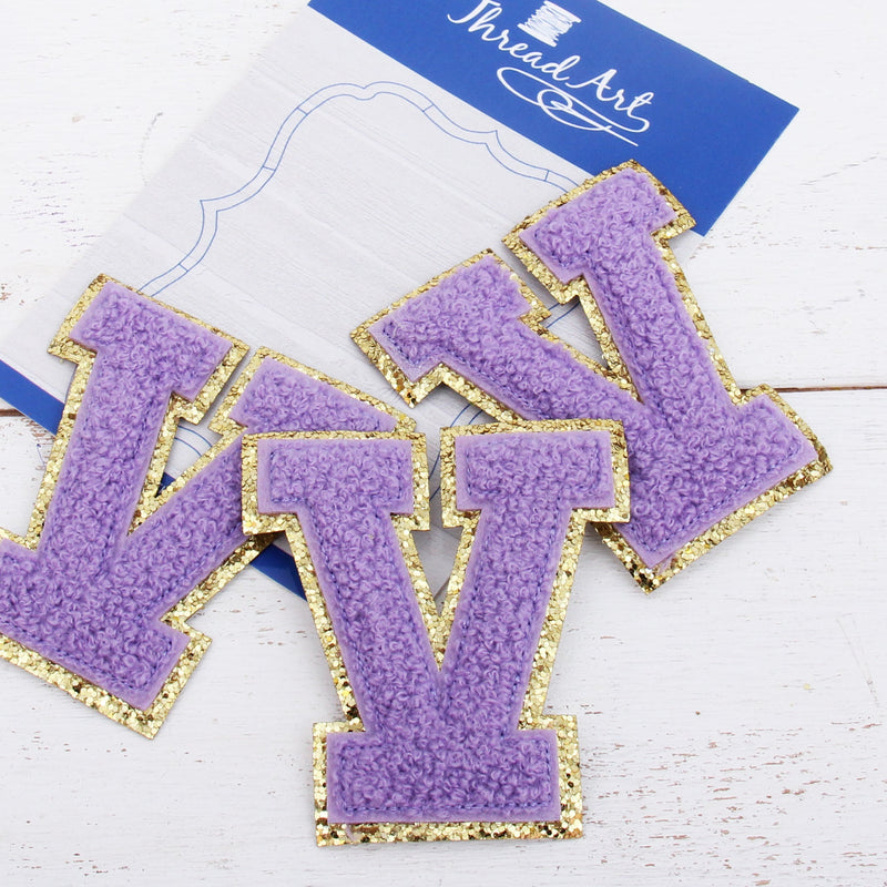Lavender Chenille Letter Patches - Set of 3 Iron-On Letters - Small 5.5 cm Chenille with Gold Glitter - Threadart.com
