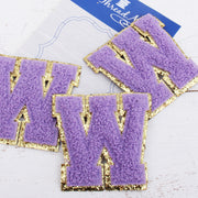 Lavender Chenille Letter Patches - Set of 3 Iron-On Letters - Small 5.5 cm Chenille with Gold Glitter - Threadart.com