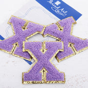 Lavender Chenille Letter Patches - Set of 3 Iron-On Letters - Small 5.5 cm Chenille with Gold Glitter - Threadart.com