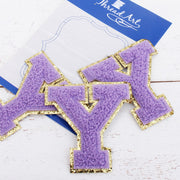 Lavender Chenille Letter Patches - Set of 3 Iron-On Letters - Small 5.5 cm Chenille with Gold Glitter - Threadart.com