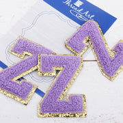 Lavender Chenille Letter Patches - Set of 3 Iron-On Letters - Small 5.5 cm Chenille with Gold Glitter - Threadart.com