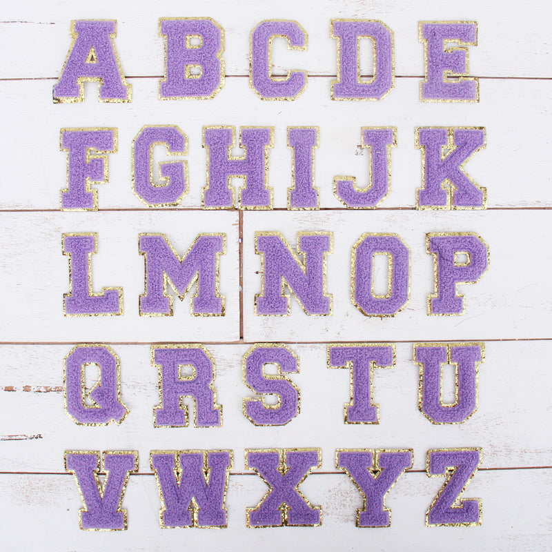 Lavender Chenille Letter Patches - Sets of 3 Letters - Large 8 cm Chenille with Gold Glitter - Threadart.com
