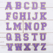 Lavender Chenille Letter Patches - Set of 3 Iron-On Letters - Small 5.5 cm Chenille with Gold Glitter - Threadart.com