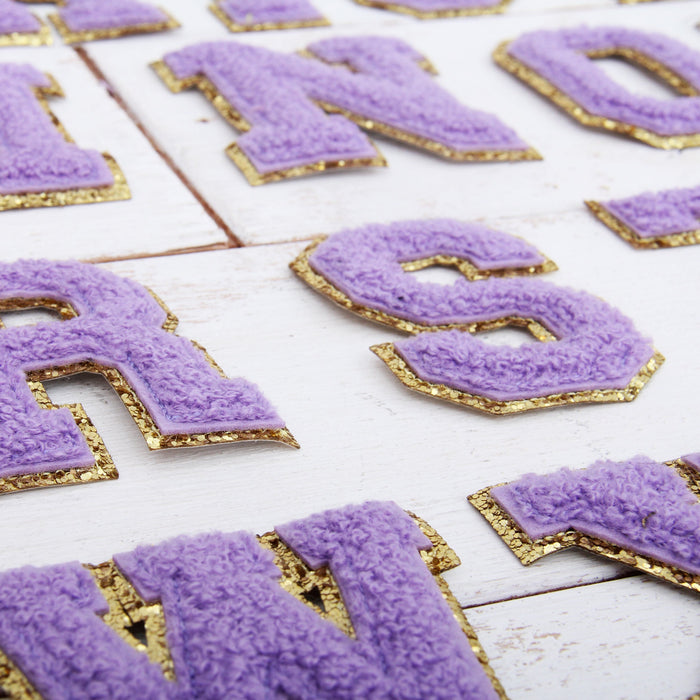 26 Letter Set of Lavender Iron On Varsity Letter Patches - Full Alphabet - Large 8 cm Chenille with Gold Glitter - Threadart.com
