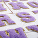 Lavender Iron On Varsity Letter Patches - Set of 3 - Small 5.5 cm Chenille with Gold Glitter - Threadart.com