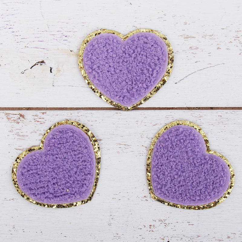 Iron On Chenille Patches - Set of 3 Hearts Chenille with Gold Glitter - Six Different Colors - Threadart.com