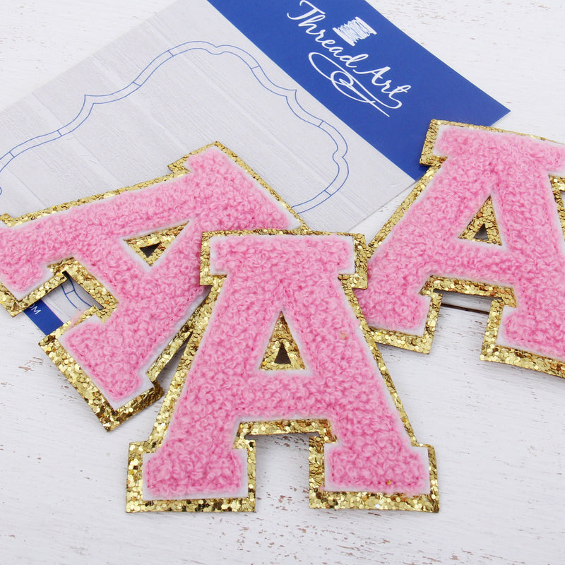 Pink Chenille Letter Patches - Sets of 3 Letters - Small 5.5 cm Chenille with Gold Glitter - Threadart.com
