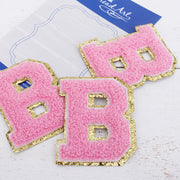 Pink Chenille Letter Patches - Sets of 3 Letters - Large 8 cm Chenille with Gold Glitter - Threadart.com