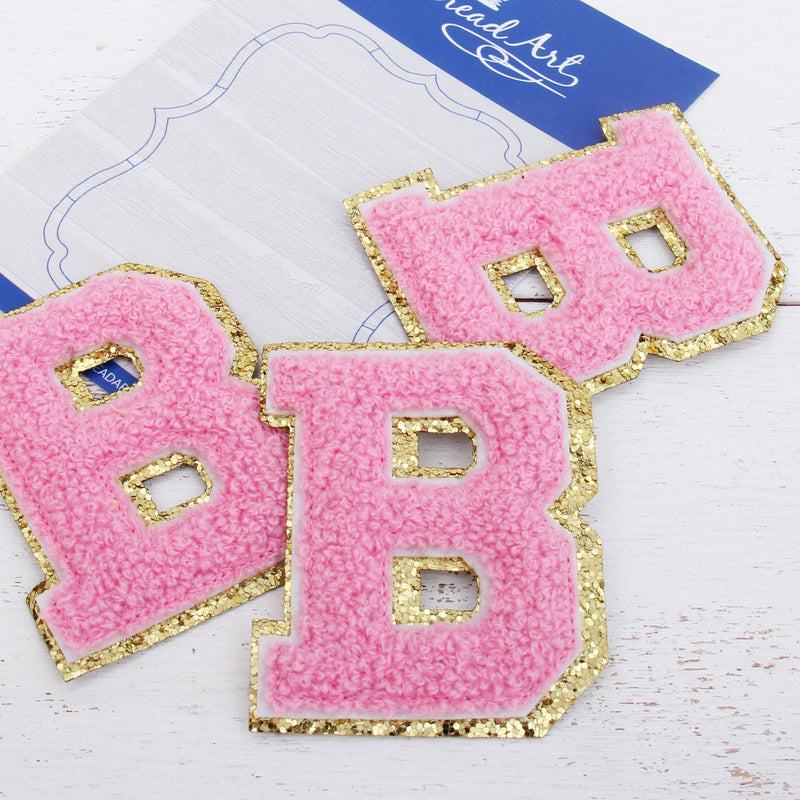 Pink Chenille Letter Patches - Sets of 3 Letters - Small 5.5 cm Chenille with Gold Glitter - Threadart.com