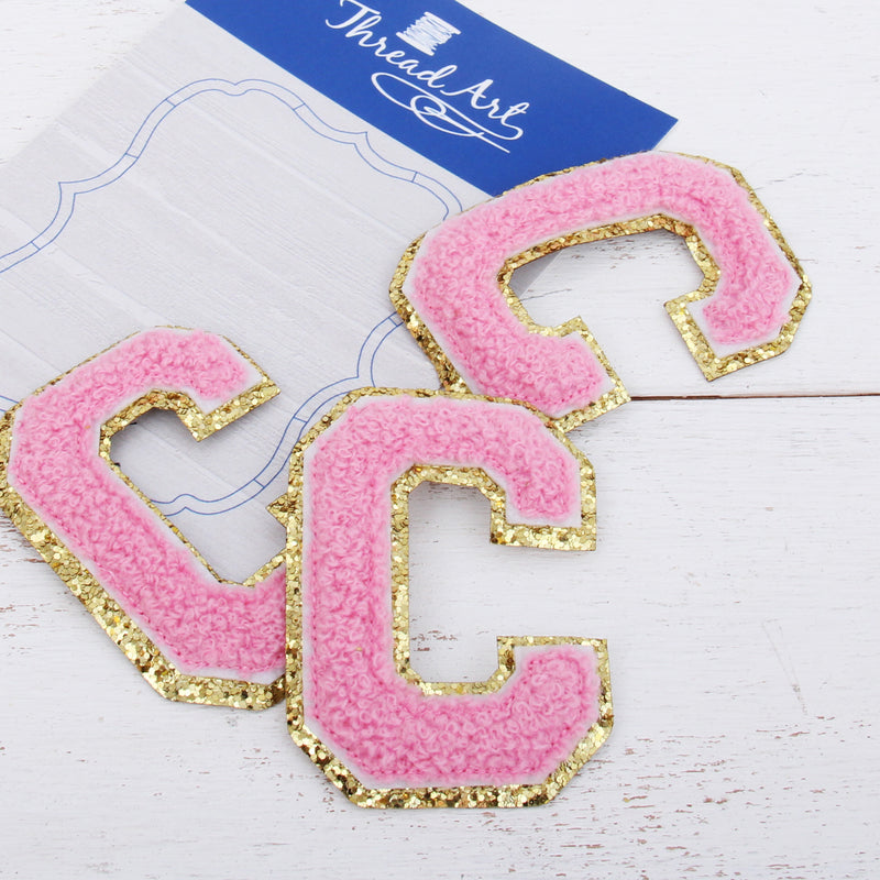 Pink Chenille Letter Patches - Sets of 3 Letters - Large 8 cm Chenille with Gold Glitter - Threadart.com