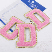 Pink Chenille Letter Patches - Sets of 3 Letters - Large 8 cm Chenille with Gold Glitter - Threadart.com