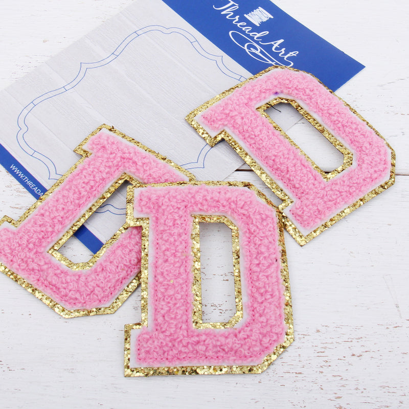 Pink Chenille Letter Patches - Sets of 3 Letters - Large 8 cm Chenille with Gold Glitter - Threadart.com