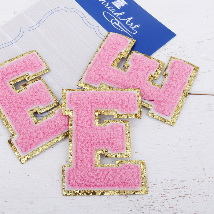 Pink Iron On Varsity Letter Patches - Sets of 3 Letters - Small 5.5 cm Chenille with Gold Glitter - Threadart.com