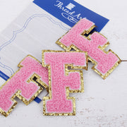 Pink Chenille Letter Patches - Sets of 3 Letters - Small 5.5 cm Chenille with Gold Glitter - Threadart.com