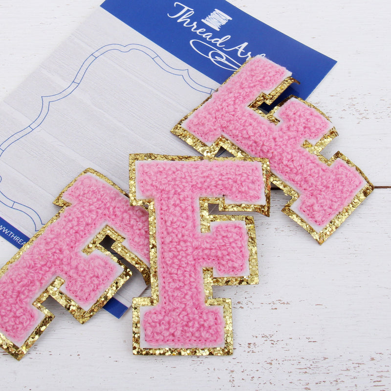Pink Chenille Letter Patches - Sets of 3 Letters - Small 5.5 cm Chenille with Gold Glitter - Threadart.com