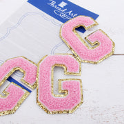 Pink Chenille Letter Patches - Sets of 3 Letters - Small 5.5 cm Chenille with Gold Glitter - Threadart.com