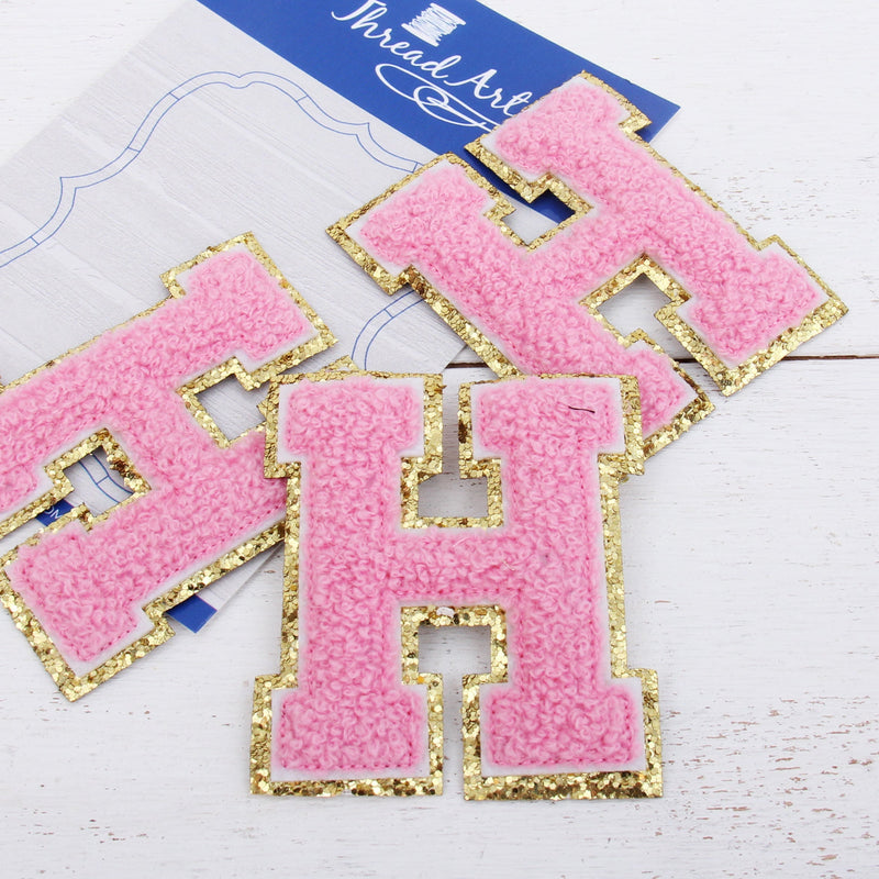 Pink Chenille Letter Patches - Sets of 3 Letters - Small 5.5 cm Chenille with Gold Glitter - Threadart.com