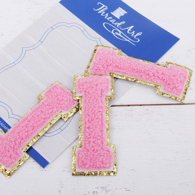 Pink Chenille Letter Patches - Sets of 3 Letters - Large 8 cm Chenille with Gold Glitter - Threadart.com