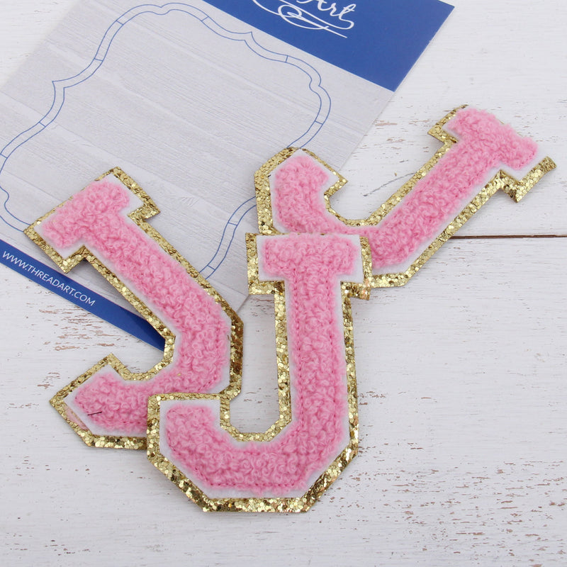 Pink Chenille Letter Patches - Sets of 3 Letters - Small 5.5 cm Chenille with Gold Glitter - Threadart.com