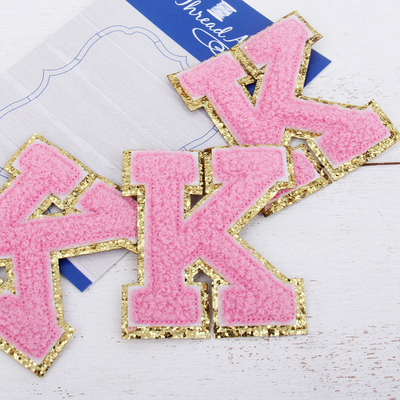 Pink Chenille Letter Patches - Sets of 3 Letters - Small 5.5 cm Chenille with Gold Glitter - Threadart.com