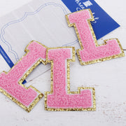Pink Chenille Letter Patches - Sets of 3 Letters - Small 5.5 cm Chenille with Gold Glitter - Threadart.com