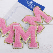 Pink Chenille Letter Patches - Sets of 3 Letters - Small 5.5 cm Chenille with Gold Glitter - Threadart.com