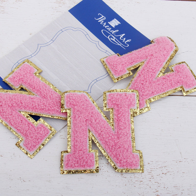Pink Chenille Letter Patches - Sets of 3 Letters - Large 8 cm Chenille with Gold Glitter - Threadart.com