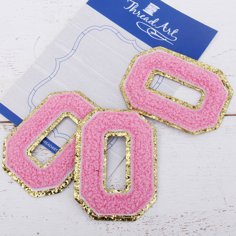 Pink Chenille Letter Patches - Sets of 3 Letters - Large 8 cm Chenille with Gold Glitter - Threadart.com