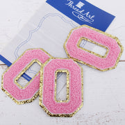 Pink Chenille Letter Patches - Sets of 3 Letters - Small 5.5 cm Chenille with Gold Glitter - Threadart.com