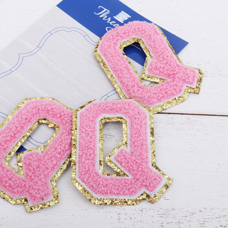 Pink Chenille Letter Patches - Sets of 3 Letters - Small 5.5 cm Chenille with Gold Glitter - Threadart.com