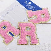 Pink Chenille Letter Patches - Sets of 3 Letters - Large 8 cm Chenille with Gold Glitter - Threadart.com