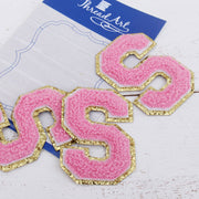 Pink Chenille Letter Patches - Sets of 3 Letters - Small 5.5 cm Chenille with Gold Glitter - Threadart.com
