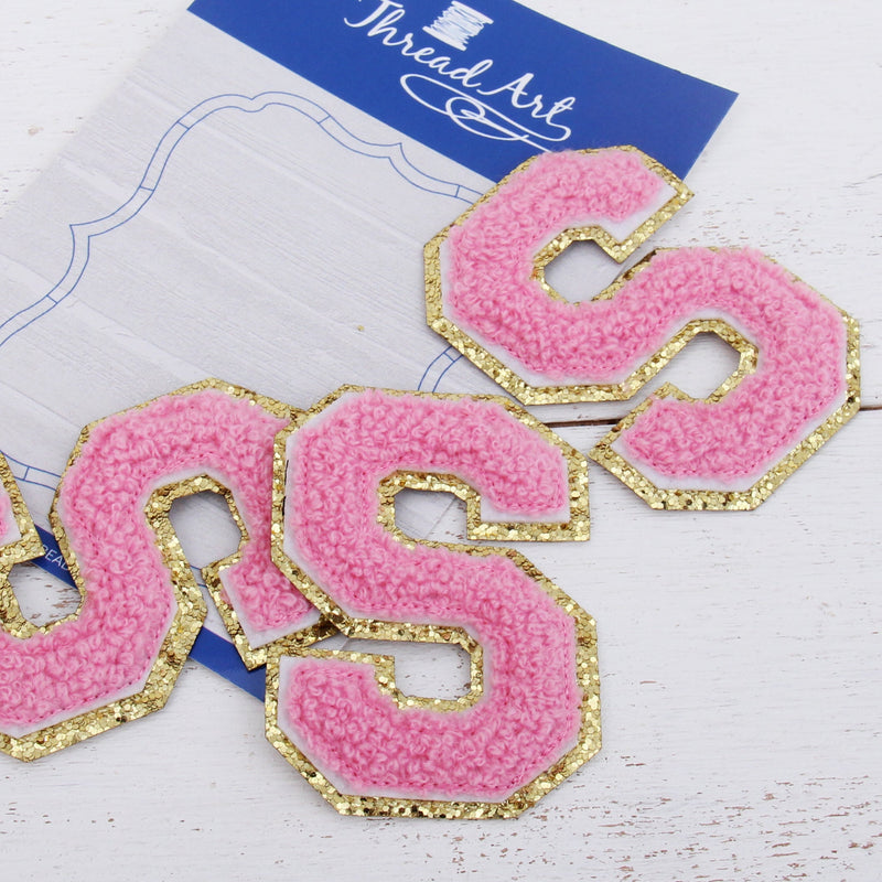 Pink Chenille Letter Patches - Sets of 3 Letters - Small 5.5 cm Chenille with Gold Glitter - Threadart.com