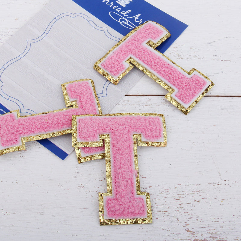 Pink Chenille Letter Patches - Sets of 3 Letters - Small 5.5 cm Chenille with Gold Glitter - Threadart.com