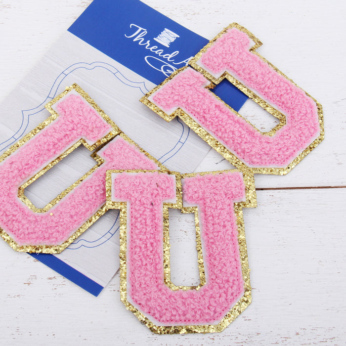 Pink Iron On Varsity Letter Patches - Sets of 3 Letters - Large 8 cm Chenille with Gold Glitter - Threadart.com