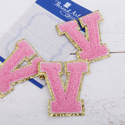 Pink Chenille Letter Patches - Sets of 3 Letters - Small 5.5 cm Chenille with Gold Glitter - Threadart.com