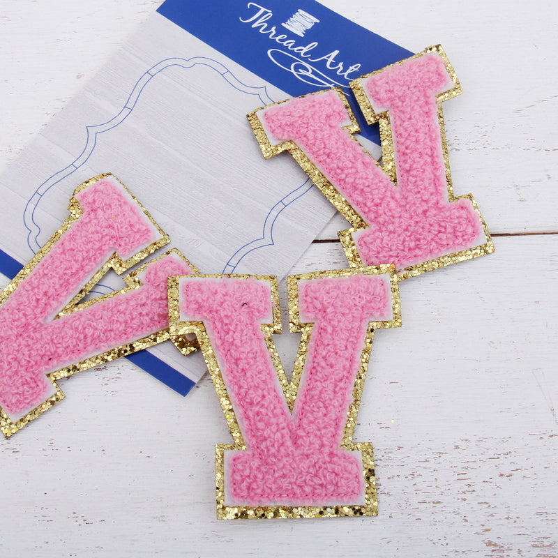 Pink Chenille Letter Patches - Sets of 3 Letters - Small 5.5 cm Chenille with Gold Glitter - Threadart.com
