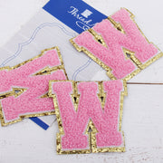 Pink Chenille Letter Patches - Sets of 3 Letters - Large 8 cm Chenille with Gold Glitter - Threadart.com