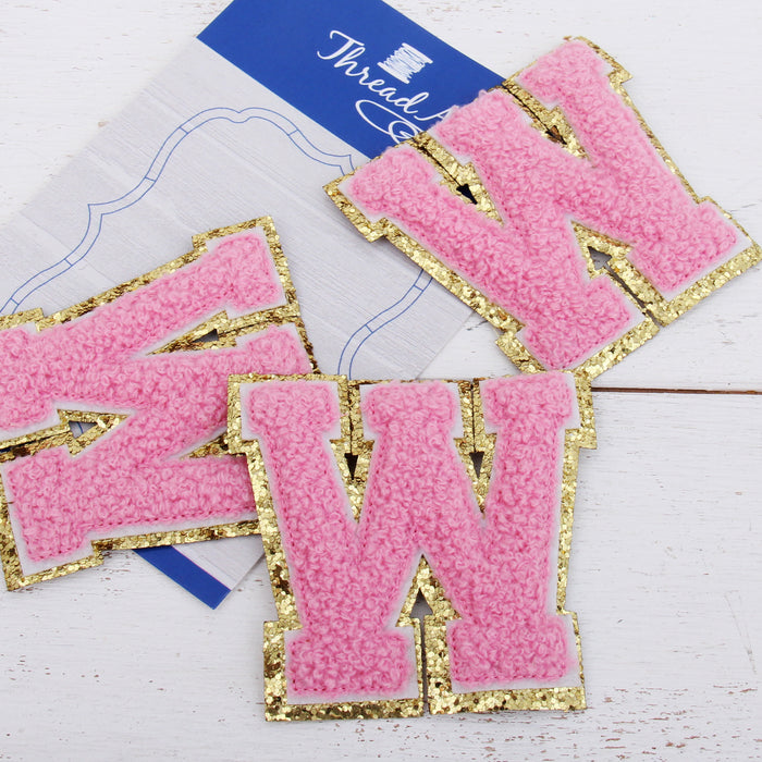 Pink Iron On Varsity Letter Patches - Sets of 3 Letters - Large 8 cm Chenille with Gold Glitter - Threadart.com