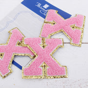 Pink Chenille Letter Patches - Sets of 3 Letters - Large 8 cm Chenille with Gold Glitter - Threadart.com