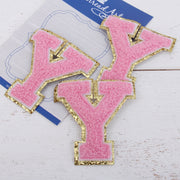 Pink Chenille Letter Patches - Sets of 3 Letters - Small 5.5 cm Chenille with Gold Glitter - Threadart.com